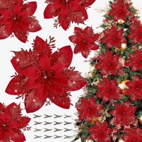 16 PCS Poinsettia Flower Artificial Poinsettias with Clips Christmas Decor Glitter Poinsettia Christmas Ornaments Xmas Tree Flower Decorations wi