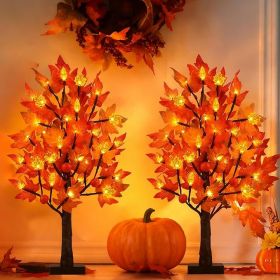 2 Pack 24 Inch Prelit Fall Maple Tree Decorations with 48 LEDs Timer Fall Battery Operated Light Up Artificial Pumpkin Acorn Lighted Maple Tree f