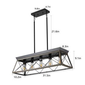 32in  Black Gold Industrial 5-Light Pendant Chandelier, Modern Metal Cage Design, Adjustable Hanging Light For Dining Room, Kitchen, Living Room (Option: Default)