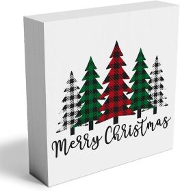 Funny Christmas Trees Wooden Box Sign Plaque Merry Christmas Wood Box Sign Rustic Art Home Shelf Desk Decor christmas tree decorations 5 x 5 x 1 (Color: Christmas-tree-White)